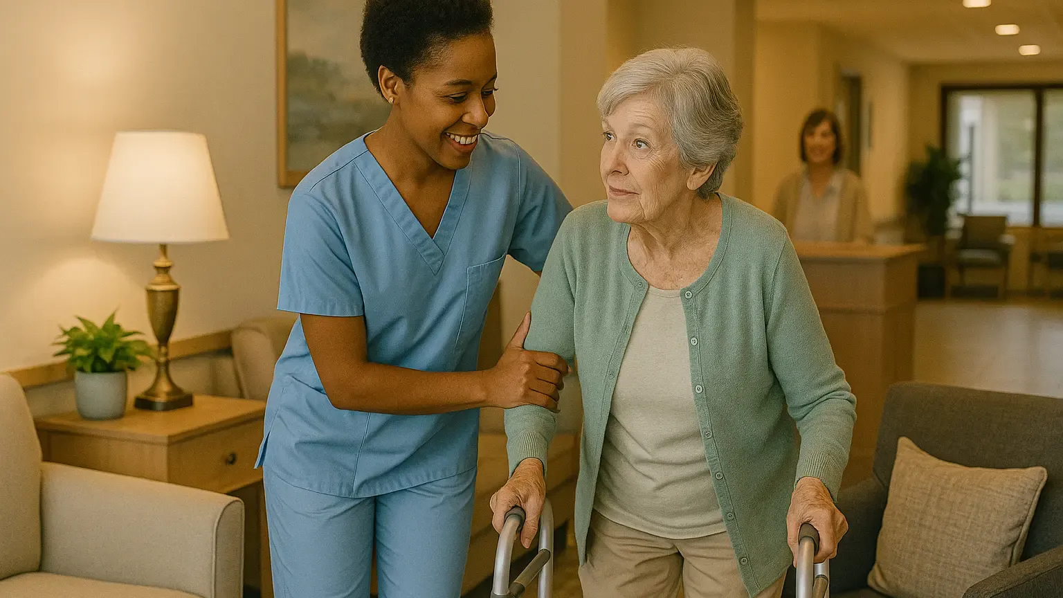 Residential care staff supporting residents in a bright assisted-living common room.