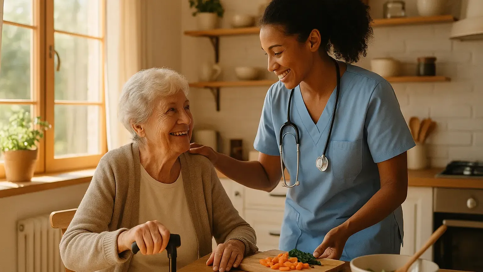 A home care aide supporting an older adult in their living room.
